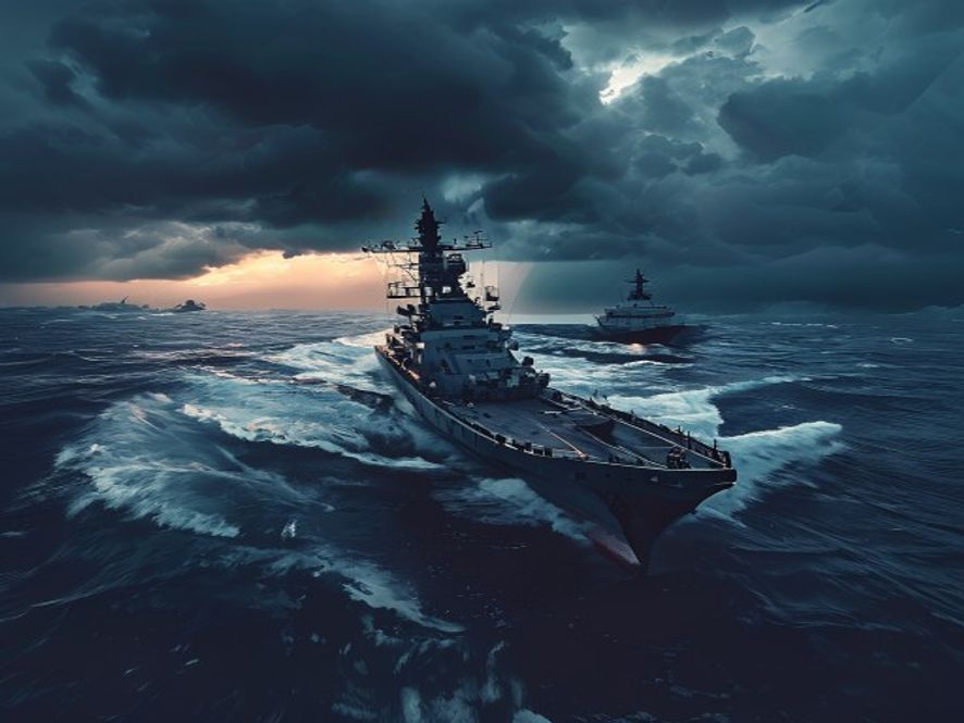 Cinematic, photorealistic 8k image of a heavily armed US naval destroyer intercepting an Iranian cargo ship in the middle of a turbulent, moody ocean at dusk, capturing a tense geopolitical atmosphere with dark storm clouds overhead, dramatic lighting, and a highstakes military standoff.