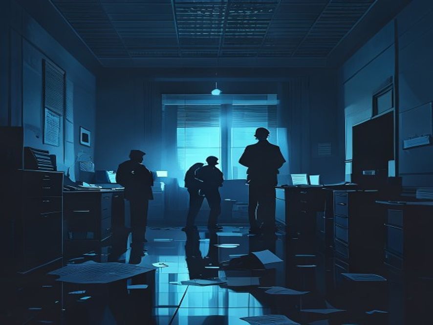 A cinematic and photorealistic 8k image showing dark, imposing silhouettes of investigators conducting a raid inside a dimly lit government office, with scattered confidential documents and cold blue lighting creating a tense atmosphere of corruption and legal pursuit.