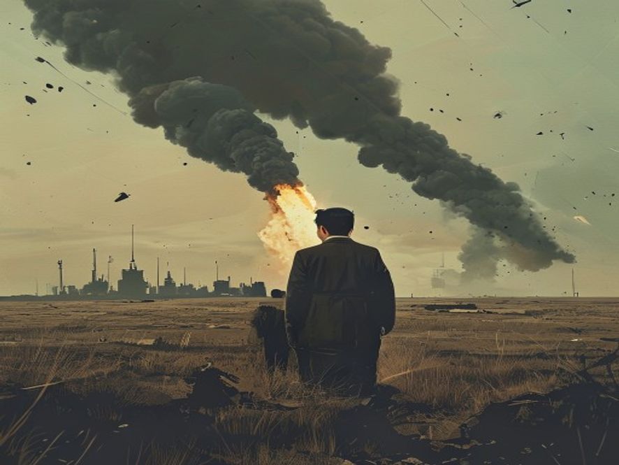 Cinematic, photorealistic 8k image of Kim Jong Un and his daughter standing at a remote North Korean missile test site, overlooking a desolate field filled with smoke and debris from a recent cluster munition launch, conveying a tense and foreboding geopolitical atmosphere.