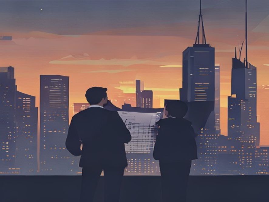 A cinematic and photorealistic 8k image of a thoughtful investor standing in front of a modern city skyline at dusk, looking at digital tax charts and property documents with a sense of uncertainty and concern, reflecting the tension and confusion of real estate tax policy shifts.