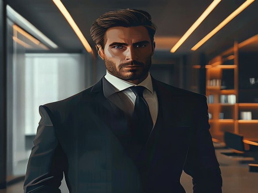 A cinematic, photorealistic 8k portrait of a charismatic figure in a sharp, modern suit standing in a sleek, minimalist contemporary law office with architectural lighting, reflecting a transition between highstakes politics and professional legal expertise, deep focus, sophisticated atmosphere.