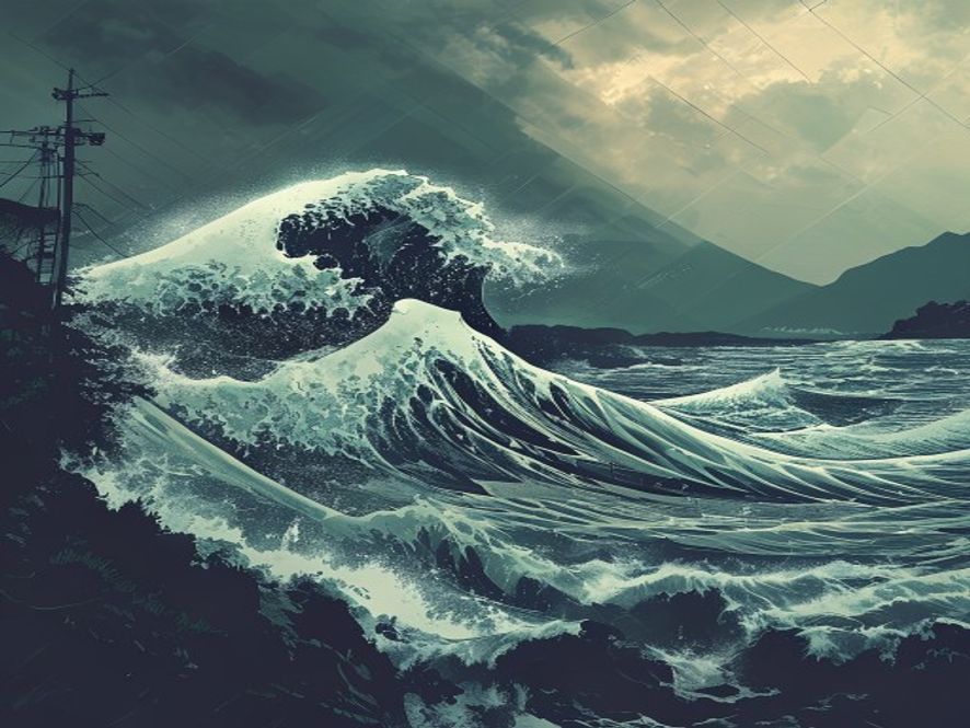 A cinematic and photorealistic 8k image capturing a massive tsunami wave approaching a coastal Japanese landscape under a tense, dramatic atmosphere, highlighting the geological instability of the Pacific Ring of Fire with a sense of urgent disaster and atmospheric dread.