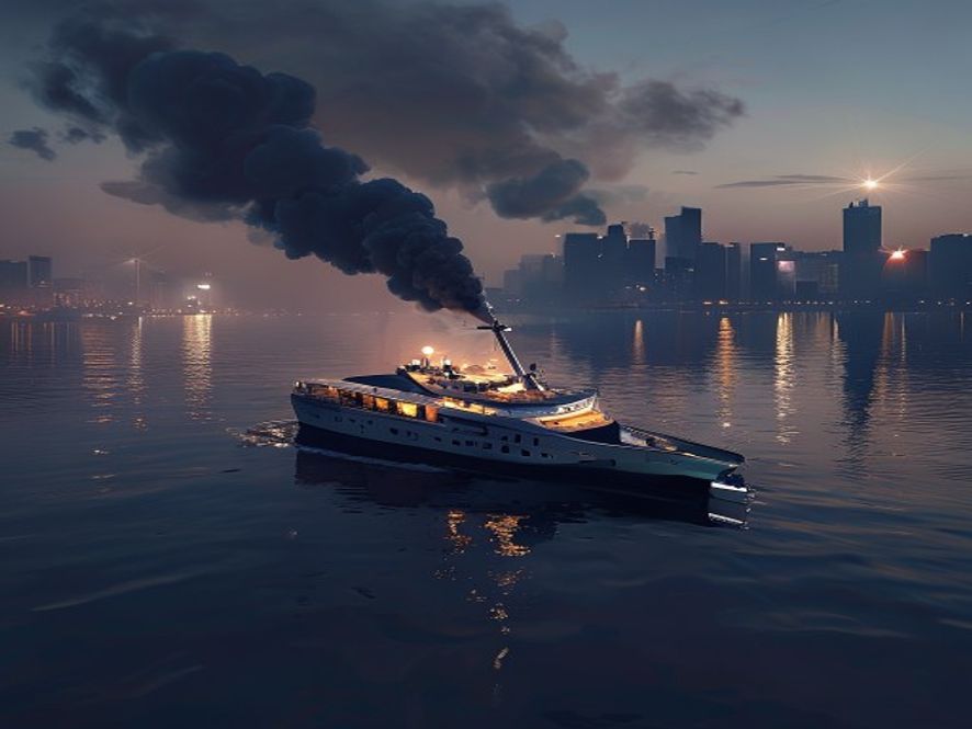 A cinematic, photorealistic 8k image of a modern ferry boat floating on the Han River at twilight, with thick, dark exhaust fumes rising into the air to contrast with the surrounding city lights, emphasizing the irony of an environmental paradox, dramatic lighting, high detail.