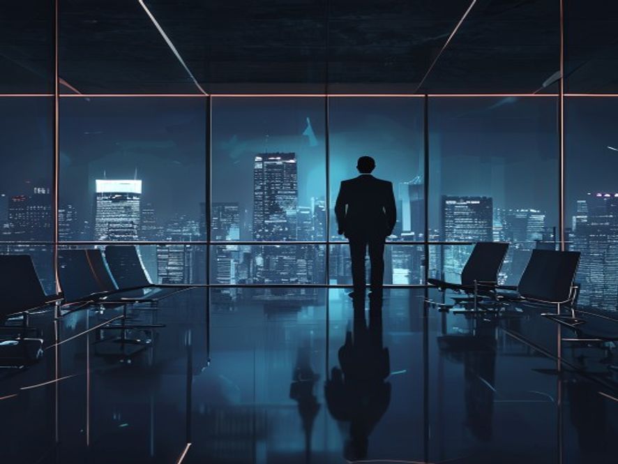 A cinematic and photorealistic 8k portrait of a pensive entertainment mogul standing alone in a cold, dimly lit modern corporate boardroom with a fractured glass wall overlooking a dark city, capturing the gravity and tension of a massive Kpop empire facing a legal and financial crisis.