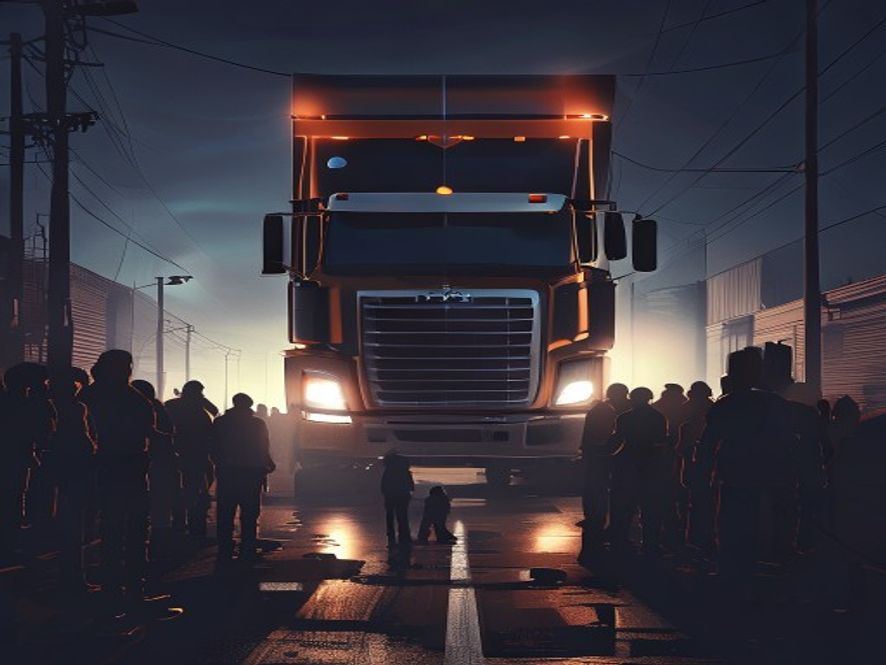 A chilling 8k photorealistic scene of a massive transport truck looming over a group of labor protesters on a dimly lit industrial street, captured with highcontrast cinematic lighting to emphasize the lifethreatening tension and the tragic clash of conflict.