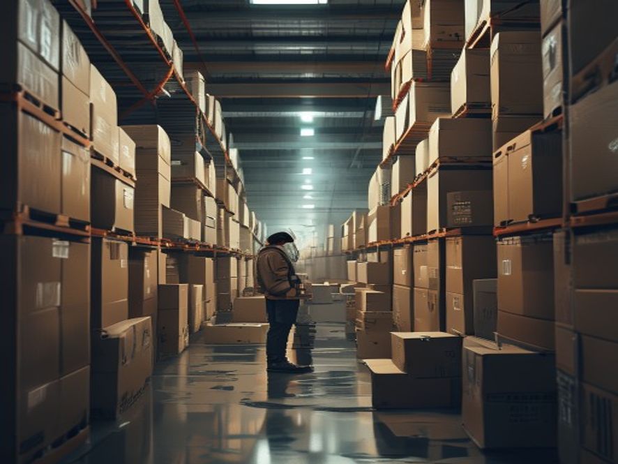 A cinematic and photorealistic 8k image featuring a lone, weary logistics worker standing amidst a labyrinth of stacked cardboard delivery boxes in a dimly lit, cold industrial warehouse, symbolizing the heavy burden of multilayered subcontracting and the hidden human cost of convenience.