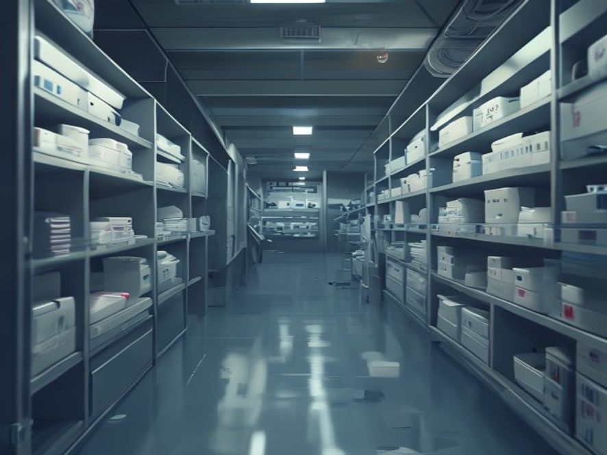 A cinematic, photorealistic 8k closeup shot capturing a sterile, dimly lit hospital storage room with rows of empty shelves and scattered medical supply boxes, emphasizing a sense of urgency and systemic crisis in the healthcare supply chain.