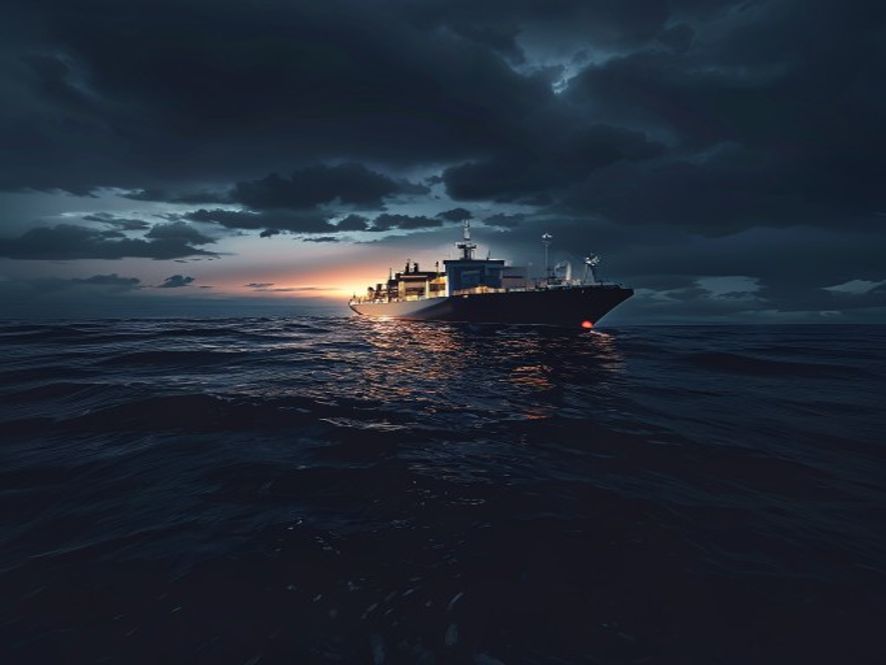 Cinematic, photorealistic 8k image of a massive oil tanker silhouetted against a stormy, dark ocean horizon at dusk, symbolizing global geopolitical tension and maritime conflict, with dramatic lighting reflecting off the turbulent sea, wideangle shot.