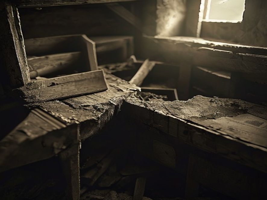 A haunting, cinematic 8k photorealistic closeup of aged, sepiatoned historical photographs depicting neglected remains in forgotten storage boxes, illuminated by a somber and dusty atmosphere that evokes themes of historical injustice, loss, and the heavy weight of hidden truth.