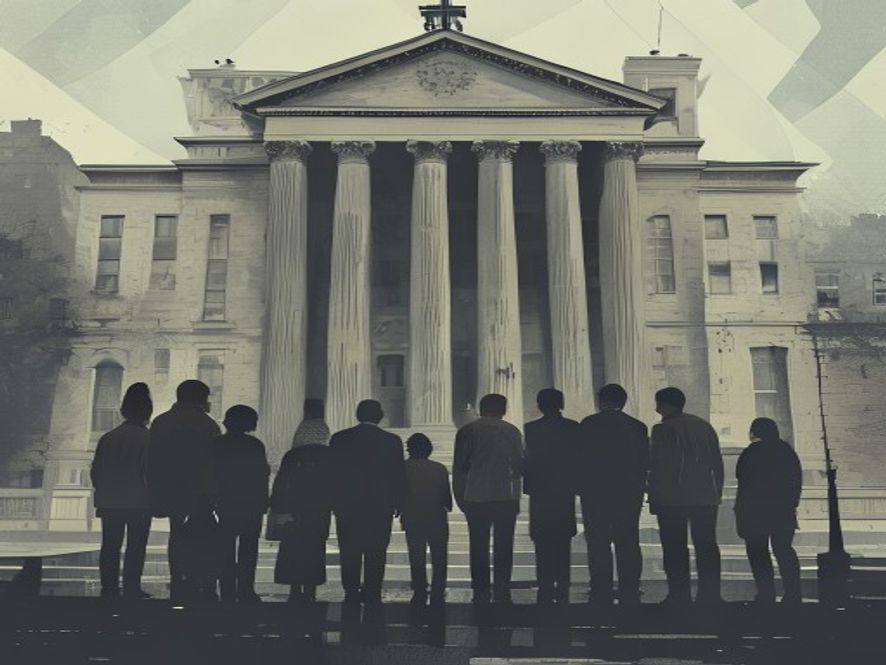 A cinematic and photorealistic 8k image showing a group of grieving families standing in front of a cold, imposing courthouse, captured in a somber and moody atmosphere that highlights the heavy burden of social justice and the emotional gap between corporate liability and human loss.