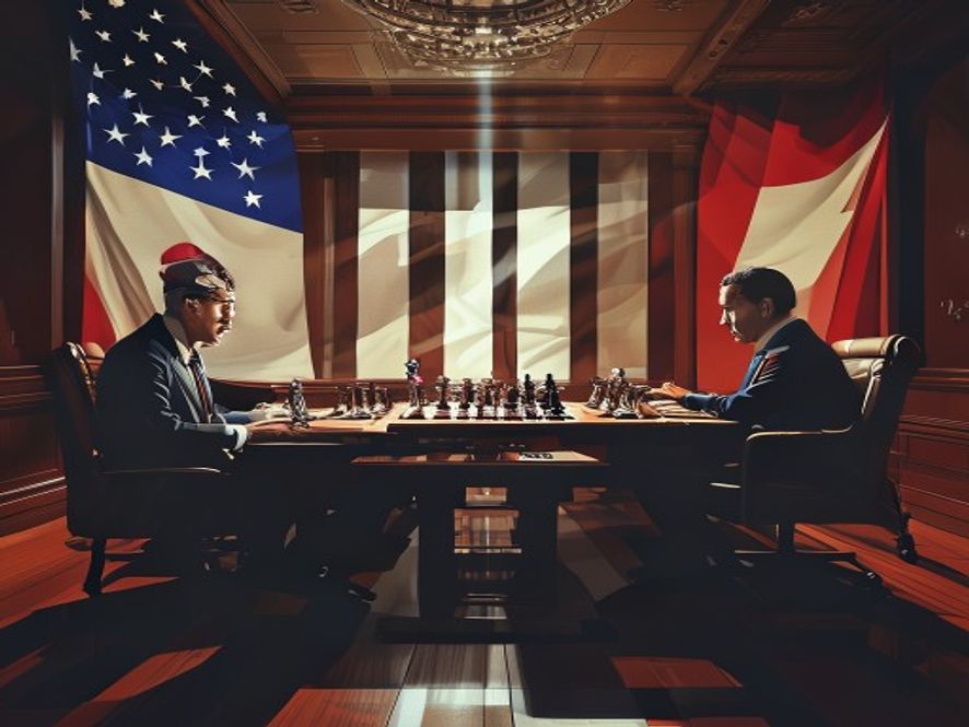 A cinematic, photorealistic 8k image of a highstakes diplomatic chess match between the national flags of South Korea and the United States, featuring a tense, shadowy negotiation room where legal documents and corporate icons are caught in a delicate balance, symbolizing the complex conflict between judicial sovereignty and economic global interests.