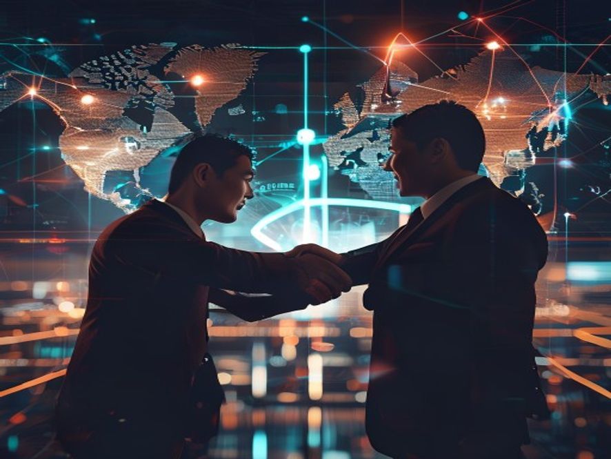 Cinematic, photorealistic 8k image featuring a professional handshake between a Korean and Vietnamese business representative in front of a futuristic digital map overlay showing interconnected supply chain hubs and clean energy symbols, symbolizing a strategic partnership, warm professional lighting, highend corporate atmosphere.