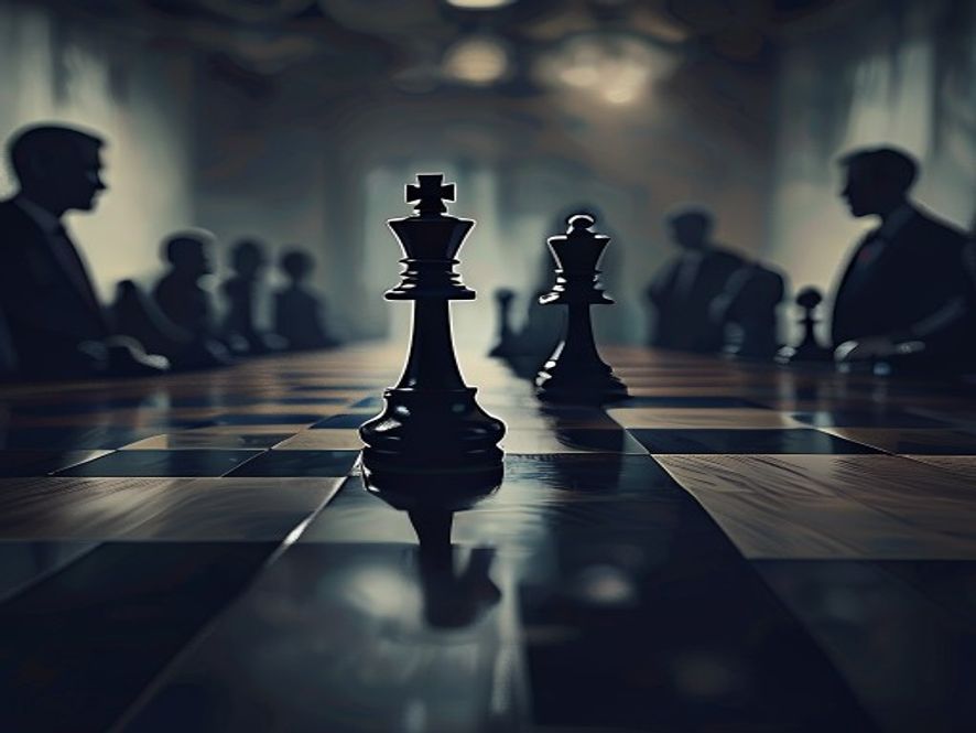 A cinematic and photorealistic 8k image of a highstakes political chess game, featuring a solitary chess piece on a dark, reflective table with the blurred silhouettes of political figures in the background, symbolizing the complex dilemma of strategic candidate selection and party conflict, dramatic lighting with deep shadows.