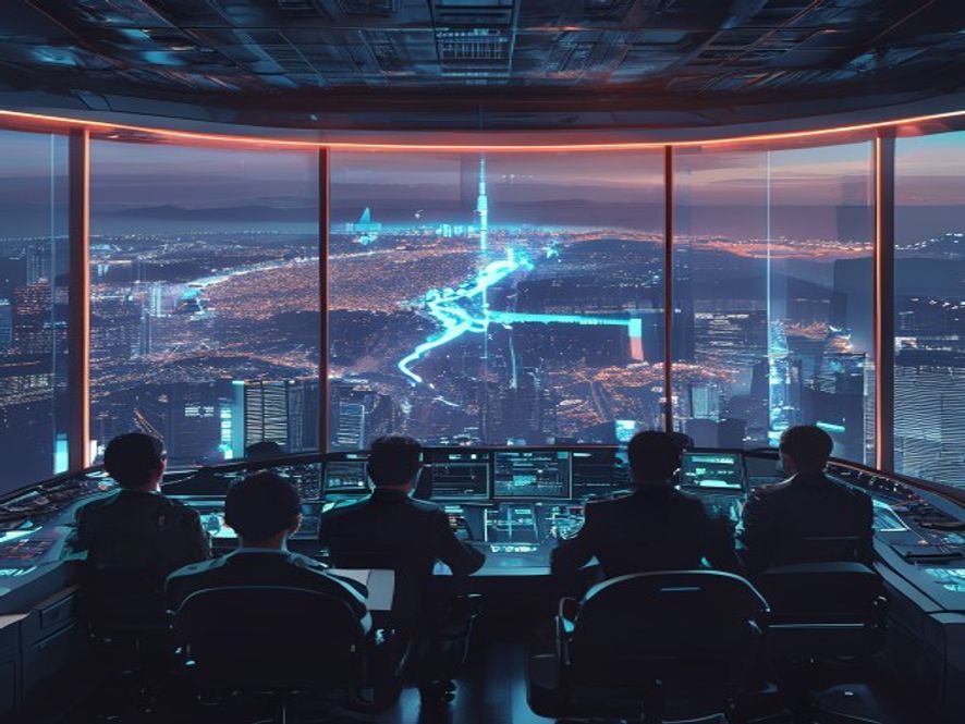 A cinematic, photorealistic 8k image of a futuristic, hightech command center overlooking a panoramic view of the Korean peninsula, featuring South Korean military leadership reviewing strategic digital maps under a glowing holographic representation of the evolving ROKU.S. alliance, symbolizing national security autonomy and modern defense capability.