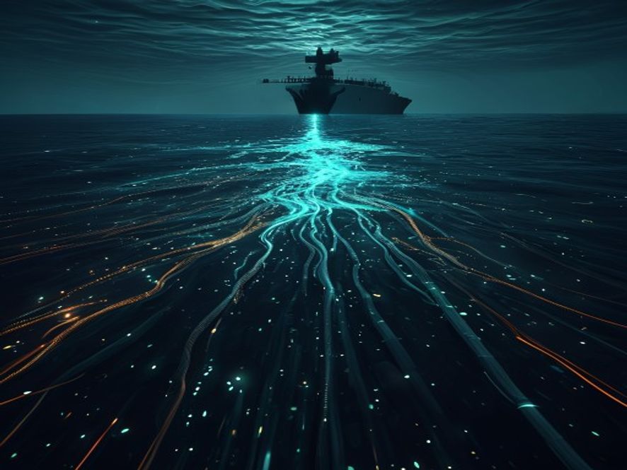 A cinematic and photorealistic 8k image showing glowing fiber optic cables submerged in the dark, deep waters of the Strait of Hormuz, with digital data pulses flickering along the lines while an ominous, shadowy naval silhouette looms above in the water, representing a tense hybrid cyberwarfare environment.