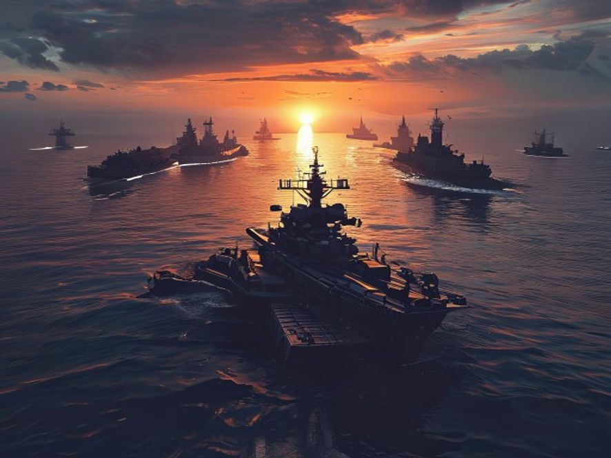 A cinematic, photorealistic 8k image featuring a heavily armed naval fleet patrolling the dark, tense waters of the Strait of Hormuz under a dramatic sunset, with menacing silhouettes of warships and distant oil tankers symbolizing the escalating geopolitical crisis and global energy instability.