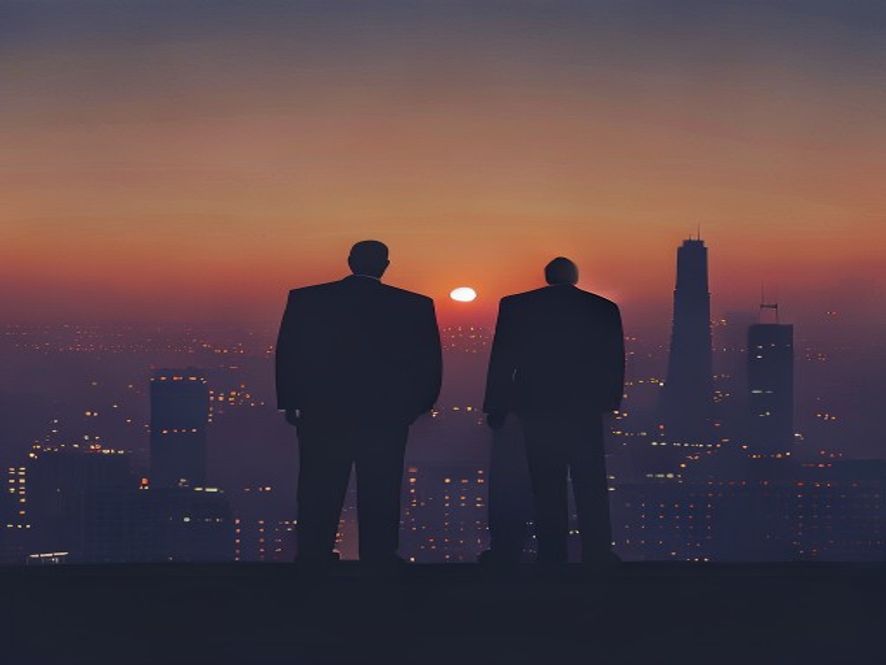 A cinematic, photorealistic 8k image featuring a subtle silhouette of two prominent political figures standing against a backdrop of the Incheon cityscape at twilight, symbolizing strategic political maneuvering and the weight of election campaigns, with a sophisticated, highcontrast atmosphere.