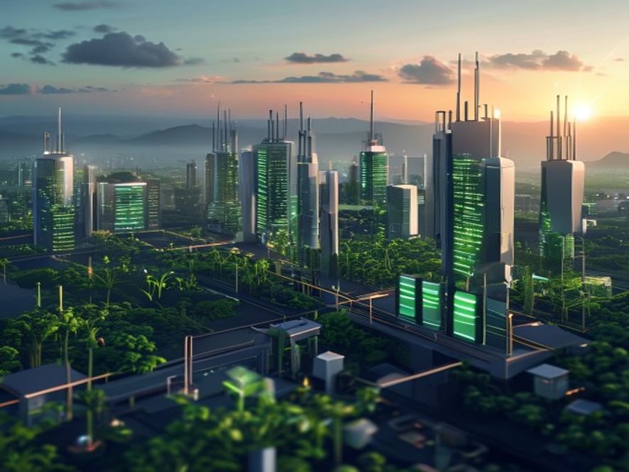 A hightech, cinematic, and photorealistic shot of a futuristic Vietnam industrial landscape where sleek, glowing AI data centers merge with advanced green battery material plants, symbolizing South Koreas strategic global supply chain expansion, 8k resolution, professional architectural photography style.