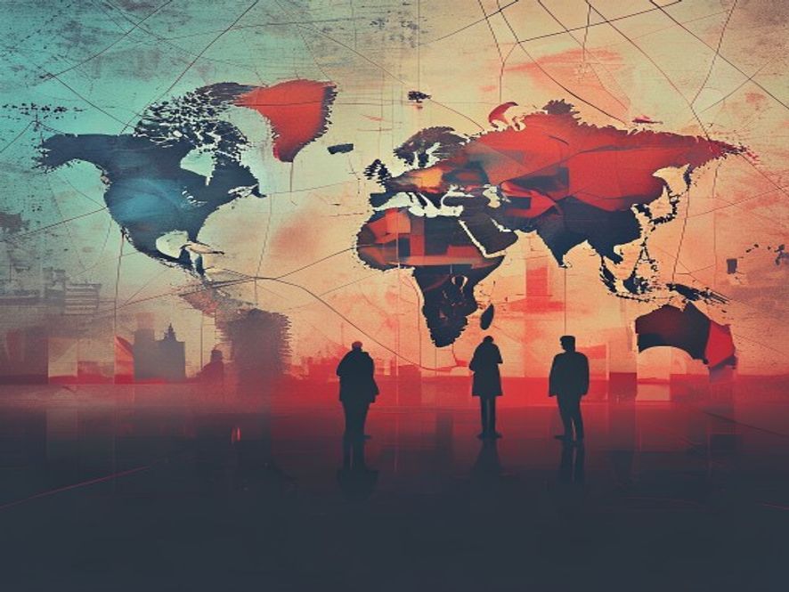 A cinematic and photorealistic 8k image featuring a conceptual representation of geopolitical tension, with two abstract silhouettes representing diplomatic friction in front of a subtly blurred background of global map elements and fractured national flags, conveying a serious and tense atmosphere.