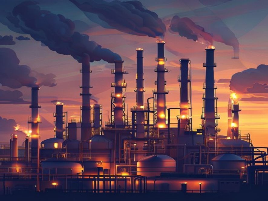 A cinematic and photorealistic 8k image featuring a massive industrial oil refinery complex under a dramatic twilight sky, with glowing pipes and storage tanks symbolizing global energy supply chain volatility and economic tension.