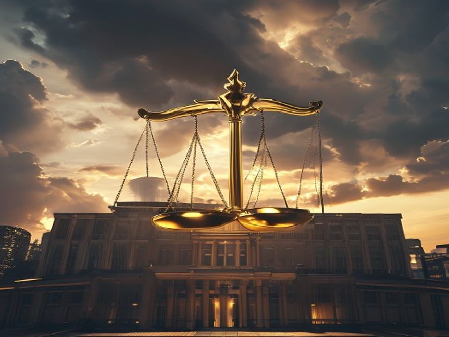 A cinematic, photorealistic 8k image featuring a grand, symbolic scale of a golden balance scale weighing a massive corporate logo representing a global ecommerce giant against the backdrop of the majestic South Korean National Assembly building under a dramatic, tense sky, symbolizing the conflict between national sovereignty and corporate power.