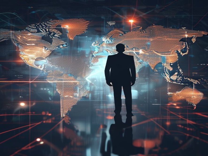 A cinematic and photorealistic 8k image of a highstakes corporate silhouette standing in front of a blurred, interconnected global map and abstract digital data flow, symbolizing the tension between international policy lobbying and market influence, with a sophisticated and serious atmosphere.