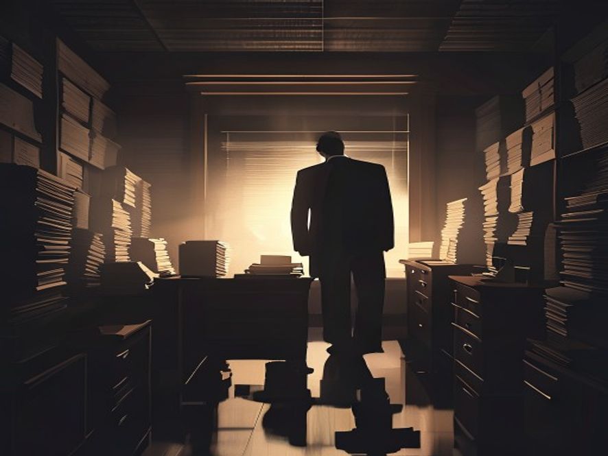 A cinematic, photorealistic 8k image featuring a silhouette of a politician standing in a dimly lit, highcontrast office filled with stacks of documents and blurred official files, symbolizing the tension of political scrutiny and the crumbling credibility of diplomatic explanations.