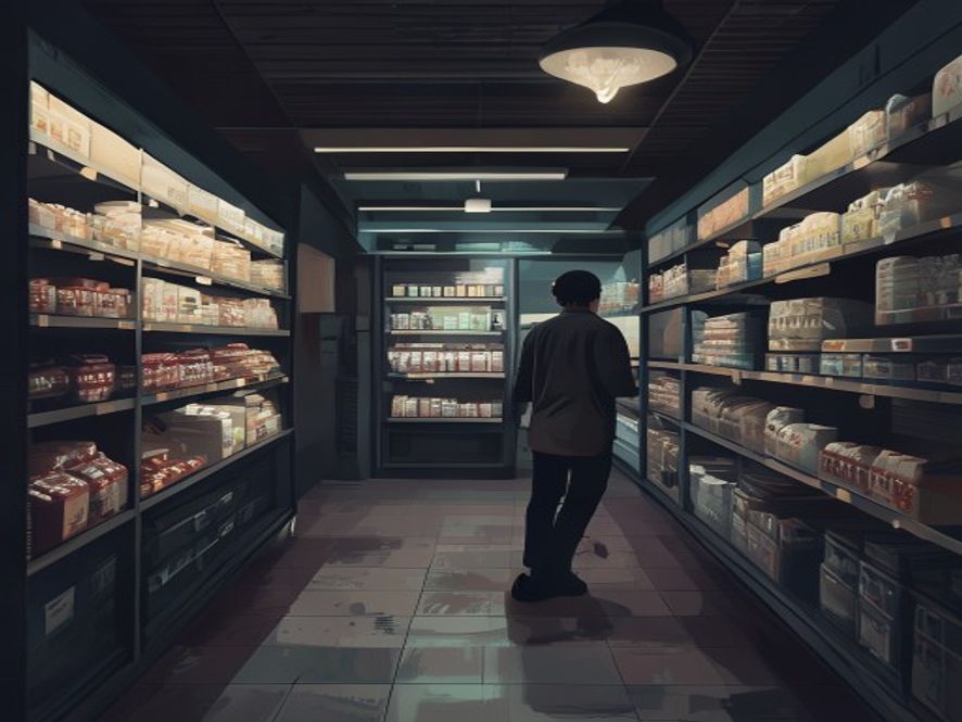 A cinematic and photorealistic 8k image of a concerned convenience store owner standing in a dimly lit urban shop with rows of starkly empty shelves, capturing a somber and desolated atmosphere of supply chain paralysis and economic crisis.