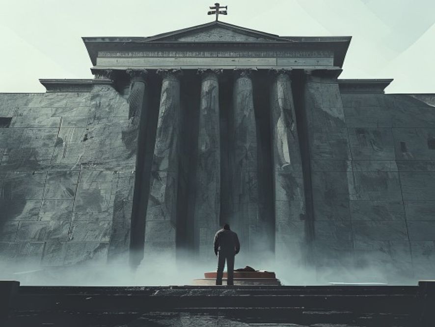 A cinematic and photorealistic 8k wide shot of a solitary, distressed individual standing small before a massive, cold stone courthouse wall and an imposing judges gavel, capturing a heavy atmosphere of injustice and the silent echo of seventyfive ignored pleas for help.