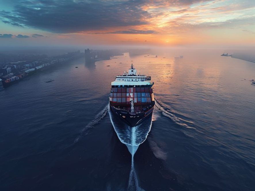 Cinematic, photorealistic 8k image of a colossal cargo ship navigating the bustling and misty Malacca Strait at sunset, with a sense of geopolitical tension reflected in the vast, deep blue ocean, captured with dramatic lighting and highdetail maritime textures.