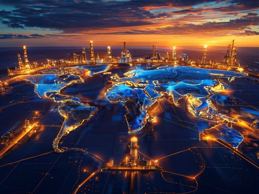 Cinematic, photorealistic 8k image featuring a massive, interconnected global trade network map illuminated in glowing blue and gold, with towering oil refineries and power plants in the background under a dramatic sunset, symbolizing American energy dominance and its profound impact on the global economy.