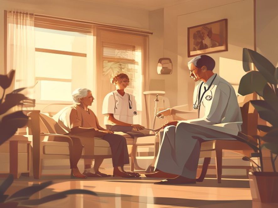 Cinematic, photorealistic 8k image of a dedicated healthcare professional providing homevisit medical care to an elderly patient in a warm, comfortable living room environment, symbolizing the shift from hospitalcentric to communitybased integrated care, soft natural sunlight, professional atmosphere, highly detailed, expressive.