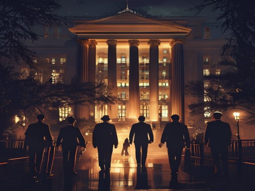 A dramatic, cinematic 8k photorealistic scene at the grand entrance of the Washington Hilton Hotel at night, where sharpsuited security agents urgently evacuate a prominent political leader amidst a heavy atmosphere of tension and the haunting historical echoes of the 1981 assassination attempt.