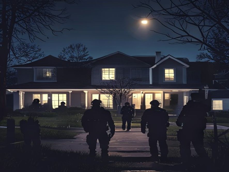 A cinematic and photorealistic 8k image of a heavily guarded residential crime scene at night, featuring tactical law enforcement officers in dark gear surrounding a suburban house under bright floodlights, capturing a tense and ominous atmosphere of a highstakes federal investigation.