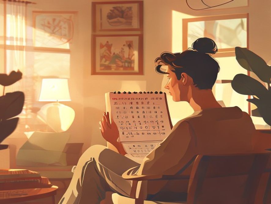 A cinematic, photorealistic 8k image showing a disappointed person looking at a calendar marked with May dates in a cozy, sunlit living room, symbolizing the quiet reality of the holiday season, with warm spring atmosphere and soft focus background.