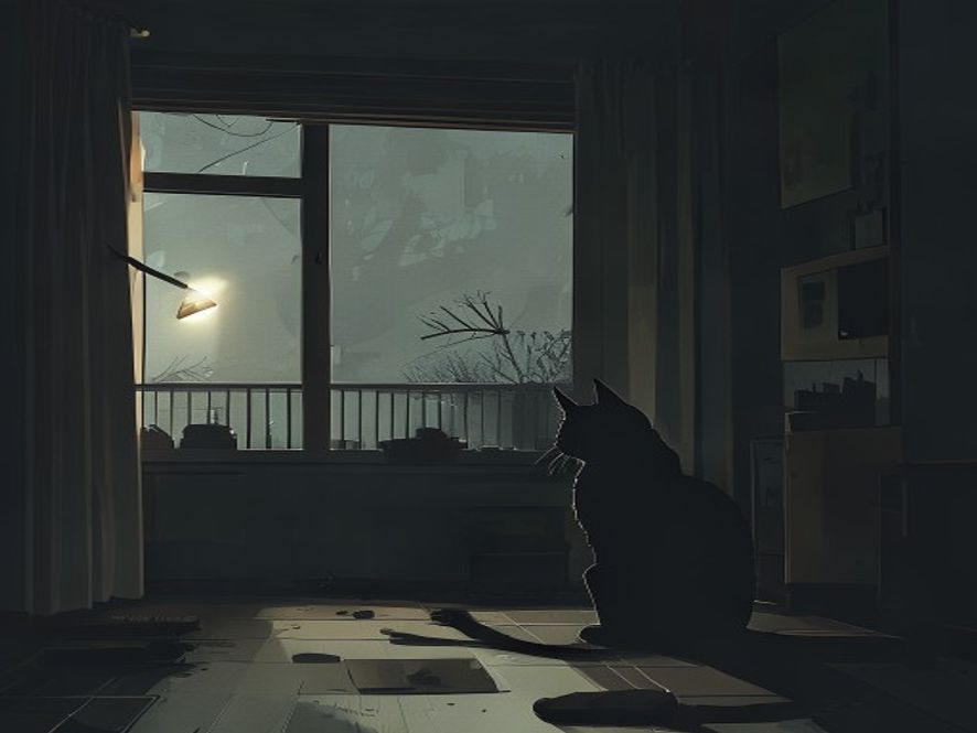 A cinematic and poignant highresolution 8k photograph capturing the silhouette of a lonely cat sitting in a dimly lit, cold urban apartment, representing the tragic intersection of animal abuse and domestic violence, with a somber atmosphere and dramatic shadows.