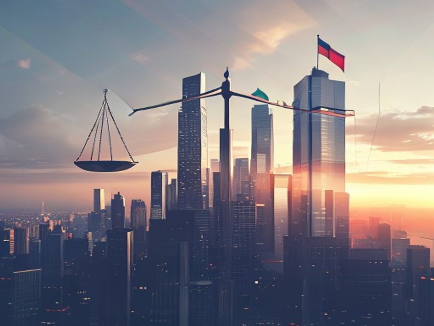 A cinematic, highquality, 8k photorealistic image depicting a tense conceptual landscape where a giant digital trade scale balances a gleaming corporate skyscraper on one side and a complex web of international diplomatic flags on the other, representing the precarious intersection of national economic policy and foreign trade pressure.
