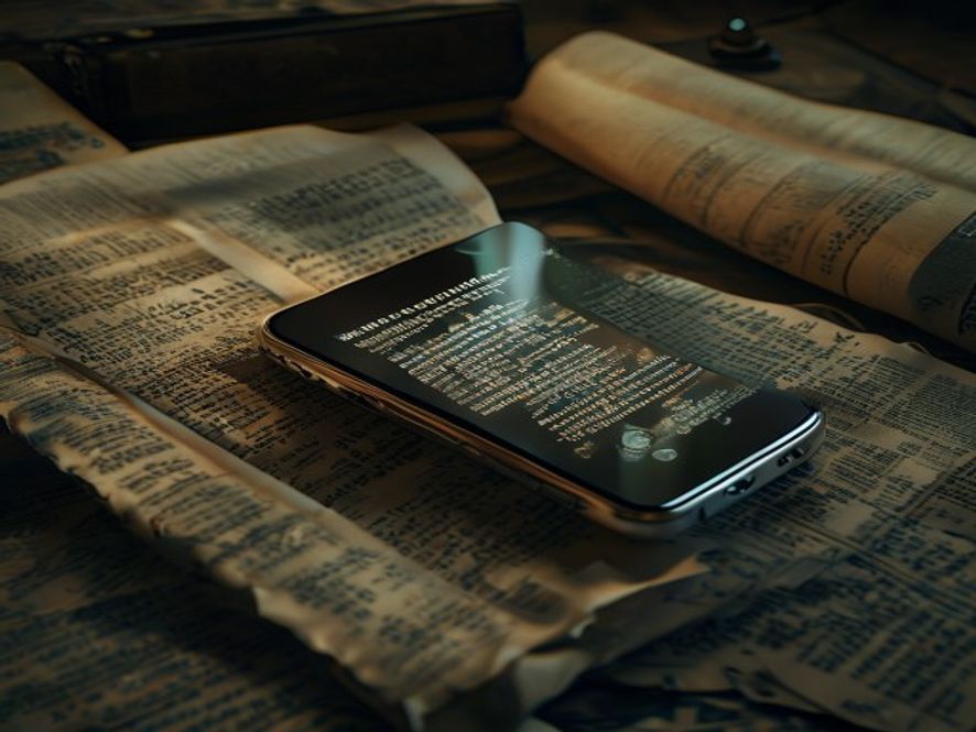 A cinematic, photorealistic 8k image of a glowing modern smartphone displaying a digital will, resting atop a pile of dusty, yellowed handwritten documents and an old law book from 1958, capturing the stark contrast and tension between digital innovation and rigid, outdated legal traditions.