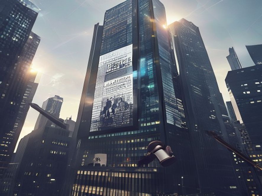 A cinematic, photorealistic 8k image of a highrise office building in New York City with a looming, oversized digital projection of a labor protest document and a gavel, representing the intersection of global corporate accountability and platform labor rights, dramatic lighting, professional atmosphere.