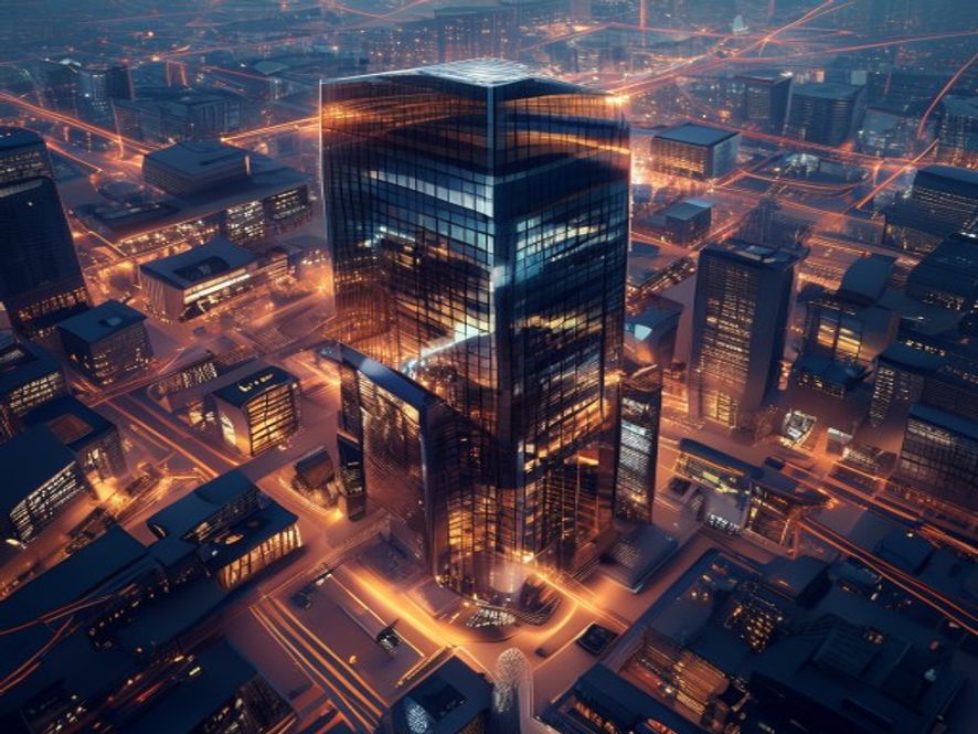 A cinematic, photorealistic 8k image featuring a towering, sleek glassandsteel corporate skyscraper representing Samsung Electronics, surrounded by a complex web of interconnected smaller workshops and industrial supply chains glowing with warm light, symbolizing a balanced ecosystem of stakeholder capitalism, high contrast, dramatic lighting, professional photography style.
