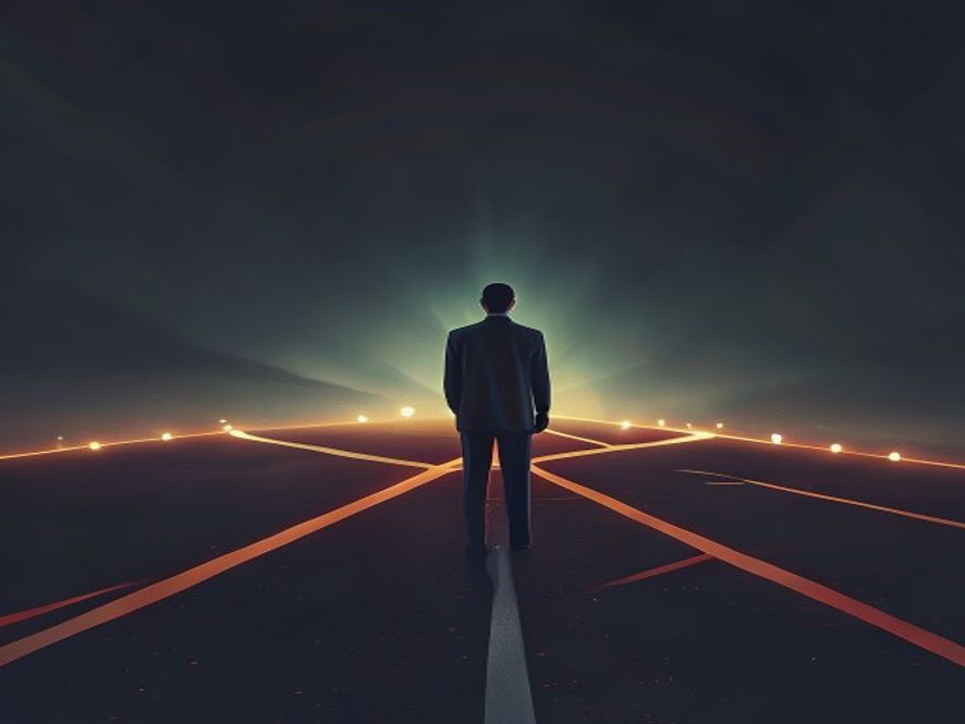 A cinematic and photorealistic 8k image of a thoughtful silhouette of a voter standing at a metaphorical crossroads, looking at glowing paths representing different political futures, symbolizing the decisive power of undecided voters in a highstakes election, moody lighting, sharp focus, professional photography.