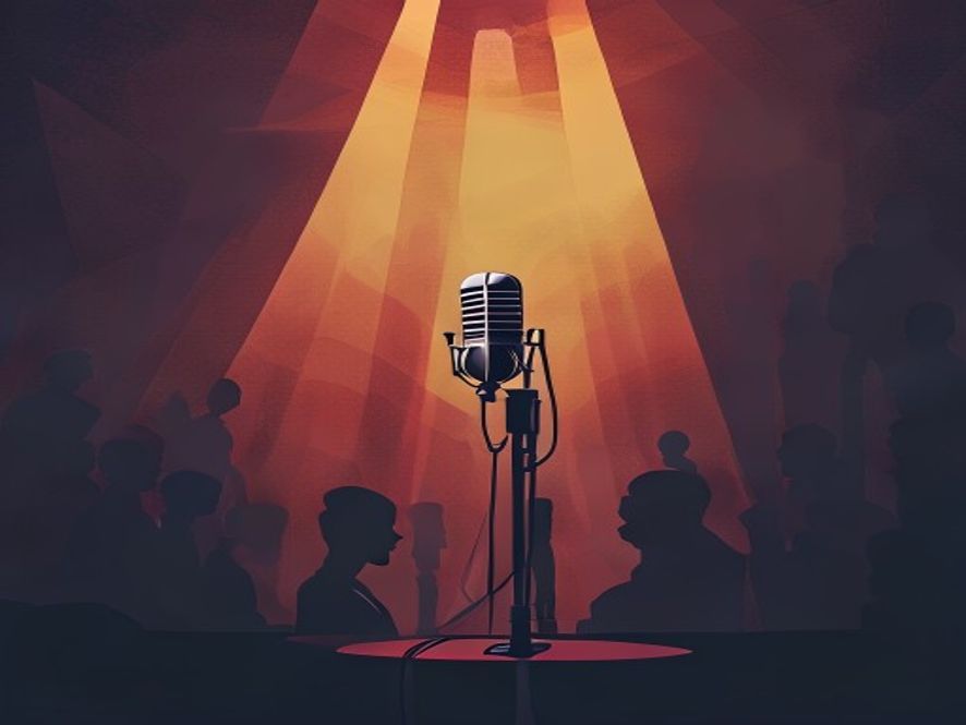 A cinematic and photorealistic 8k image of a lone news microphone under a dramatic spotlight, standing against a backdrop of looming, shadowed political silhouettes to represent the intense tension between press freedom and political pressure.
