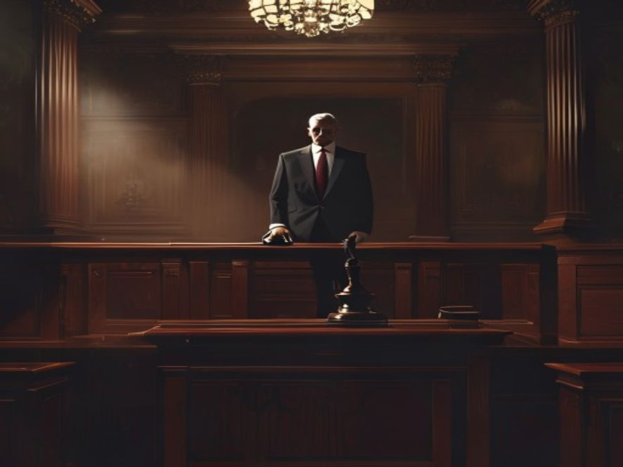 A cinematic and photorealistic 8k image of a somber, highranking politician standing in a dimly lit, highcontrast courtroom as a heavy wooden gavel rests on a dark mahogany bench, symbolizing the gravity of judicial judgment and the dark shadow of collusion between political power and religious influence.