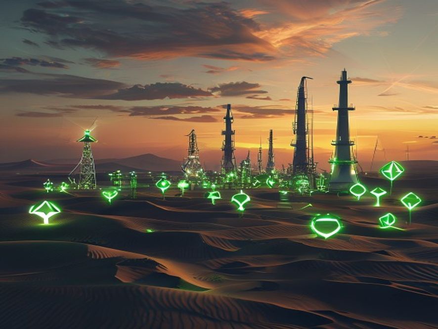 Cinematic, photorealistic 8k image of a futuristic UAE desert landscape juxtaposed with industrial oil rigs and glowing green renewable energy symbols, symbolizing a shift in global economic power and energy independence, dramatic sunset lighting, high contrast, professional photography style.