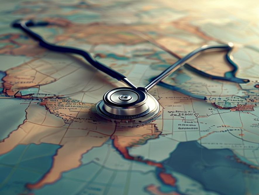 A cinematic, photorealistic 8k image featuring a professional stethoscope resting on a symbolic map of a region, representing the transition and balance of the national healthcare system with the integration of the new medical school quota policy, professional and clinical atmosphere, soft natural lighting.