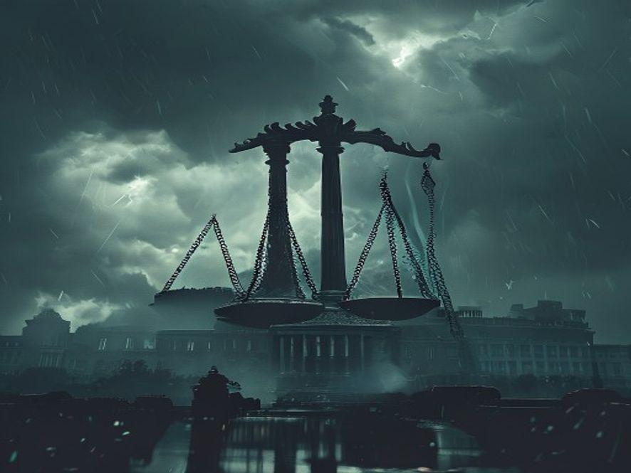 A cinematic and photorealistic 8k image featuring a towering, weathered stone scale of justice standing in the center of a stormy, dark political landscape with blurred silhouette of a modern government building in the background, symbolizing heavy judicial impact and political tension, dramatic lighting, sharp focus.