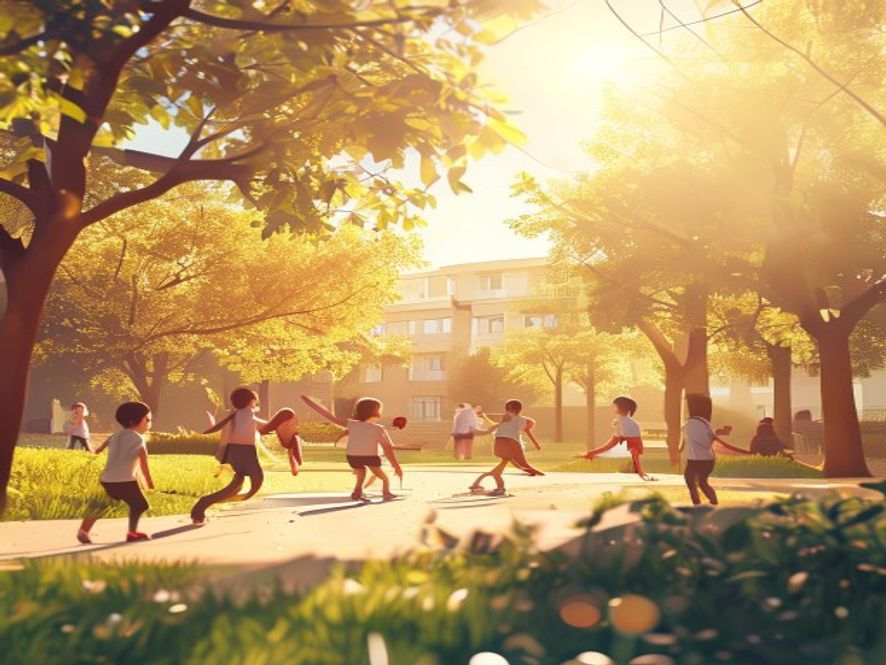 Cinematic, photorealistic 8k image of a vibrant, sunlit school park scene where a group of joyful children are happily exploring and playing under the warm guidance of a teacher, symbolizing the revival of field trips and educational freedom, with a softfocus atmosphere highlighting a sense of relief and restored wonder, captured in a highquality professional photography style.