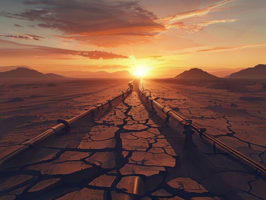 A cinematic and photorealistic 8k image featuring a cracked, arid Middle Eastern desert landscape at sunset, where massive, crumbling oil pipelines serve as a metaphor for the fracturing OPEC alliance, with a dramatic contrast between sharp shadows and a glowing horizon representing a shifting, uncertain geopolitical era.