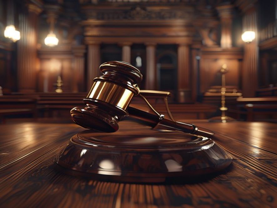 A cinematic and photorealistic 8k image of a heavy wooden gavel and the scales of justice resting on a judges bench in a grand, dimly lit courtroom, capturing a solemn and authoritative atmosphere that symbolizes the stern weight of the law and a historic judicial sentencing.
