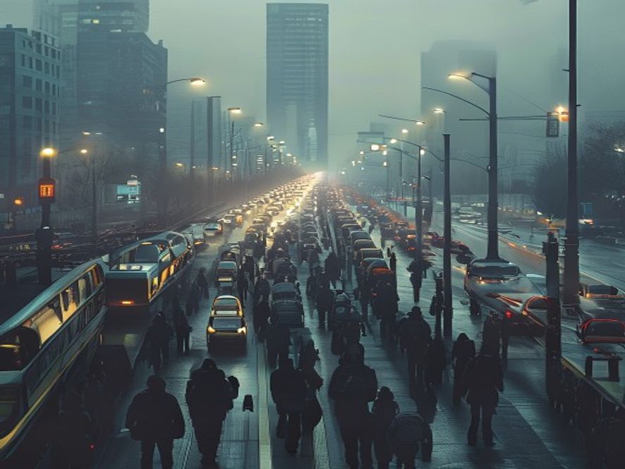 Cinematic, photorealistic 8k image of a crowded bus stop in a sprawling modern city during a gray, foggy morning rush hour, featuring exhausted commuters waiting in long lines under dim streetlights while a massive traffic jam stretches into the distance, conveying a sense of urban infrastructure collapse and stagnant mobility.